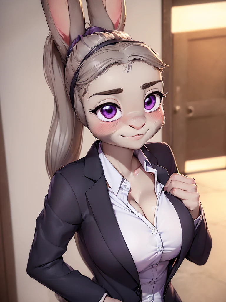 best quality,
masterpiece,
3D anime,
(((solo))),
(((1girl))),
(((Face is JudyHopps))),
(long ears like a rabbit:0.8),
Heir is in a ((ponytail)) style,
see-through bangs,
wispy bangs,
((Her eyes color is purple)),
6.5 head and body,
office suit,
office business suit outfit
 office lady,
 (((white blouse unbuttoned))),
Navel exposed,
(outfit is made of wool:1.4),
(((body is made of wool fabric))),
(((body is gray with fluffy and fluffy))),
(((skin is wool fabric with fluffy and fluffy))),
((She is blushing in the cheeks)),
((clavicle is emphasized)),
take off jacket, 
((looks like crying)),
(((her hand is placed on her chest)))