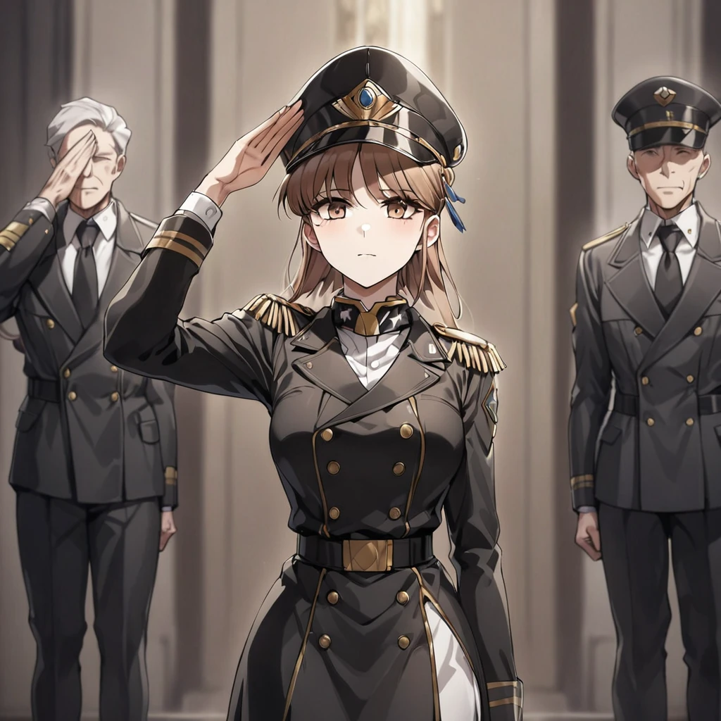 ((Highest quality)), ((masterpiece)), (detailed), （Perfect Face）、The woman is Princess Leona, with medium-long light brown hair, wearing a black military uniform and a military cap, and standing upright with good posture while saluting the elderly general.、Women are brainwashed, expressionless, and have no highlights in their eyes.