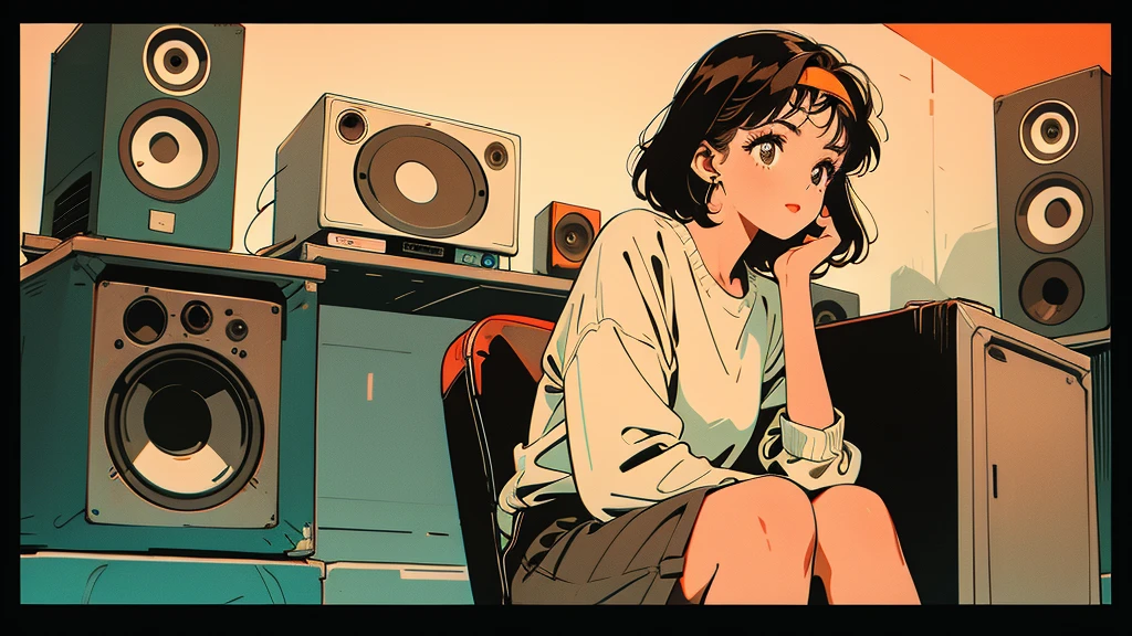 A woman with short brown hair sitting in front of a speaker. The woman has an orange headband, large eyes, and a simple white shirt. Vintage audio equipment can be seen in the background.4k