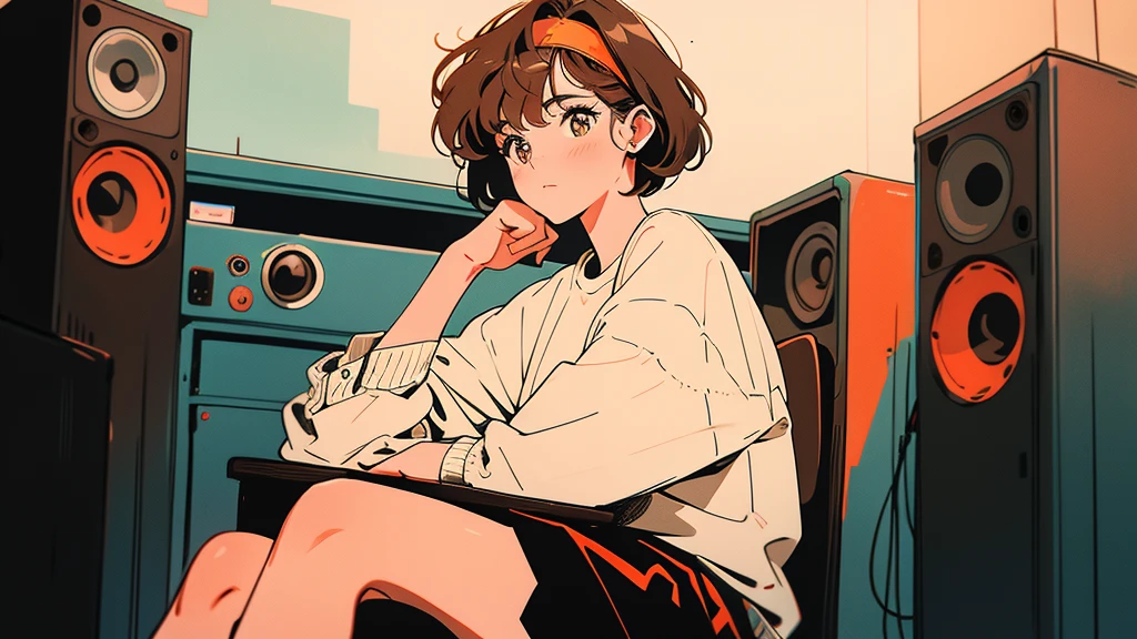 A woman with short brown hair sitting in front of a speaker. The woman has an orange headband, large eyes, and a simple white shirt. Audio equipment can be seen in the background.4k