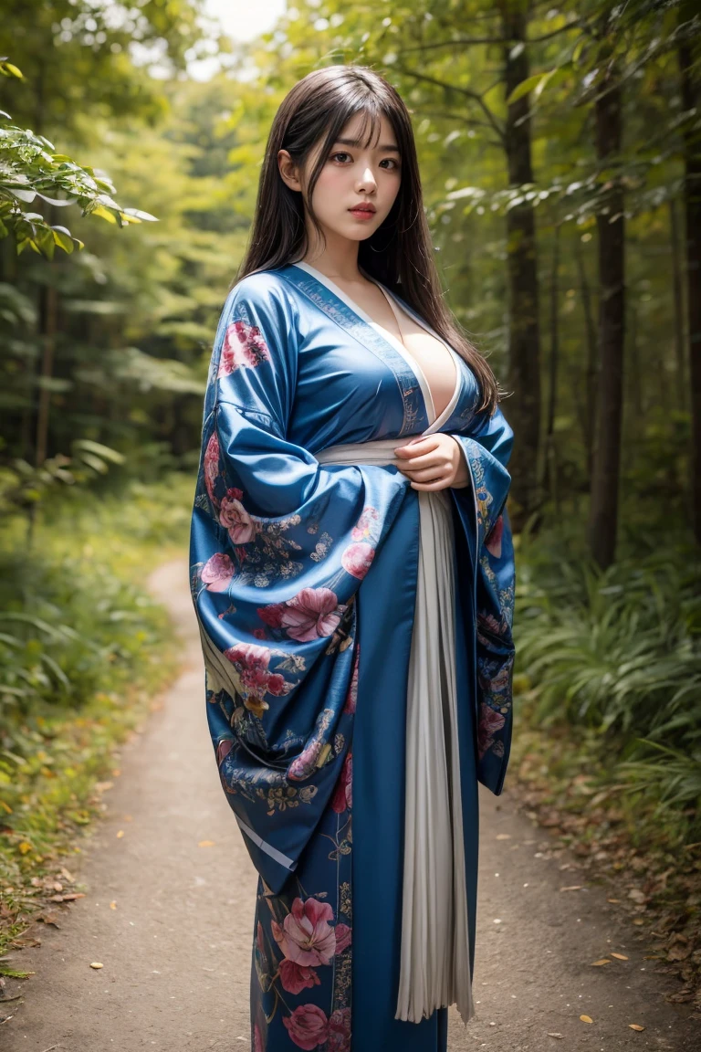 A seductive and mysterious girl with long dark hair, huge breasts:1.5, dressed in traditional Japanese clothing, standing in a moonlit forest. The illustration is inspired by the character Ragawa Kiriko from the manga series "Akatsuki no Yona". The artwork is highly detailed and realistic, with intricate patterns on her kimono and soft lighting. Created by artist WLOP using digital painting techniques. (Concept art, 4k resolution)