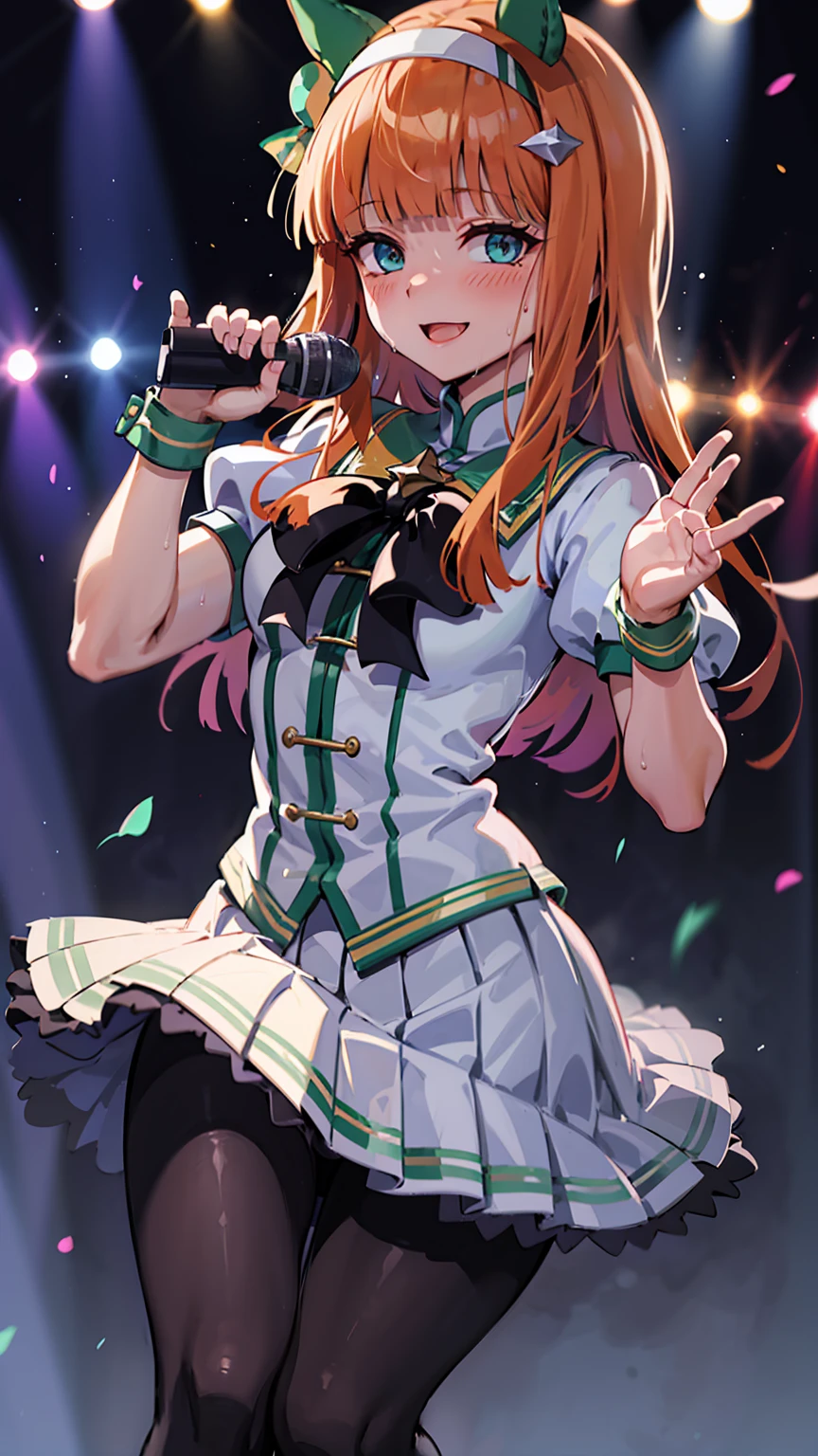 Holding a microphone in one hand、Big Jump、singing、A big smile、shout、intense dance、dance、足を上げてdance、Best image quality、High resolution、masterpiece、super high quality、Live Performance Venues、Large crowd、Many penlights、Sweaty、Very short pleated skirt、Heavy breathing、Blushing、4K quality、Black Pantyhose、Voluptuous thighs