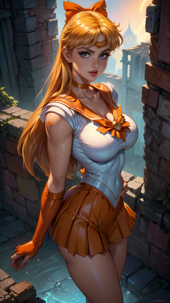 (La mejor calidad,A high resolution,Ultra - detallado,actual),Selena Gomez, (masterpiece, best quality;1.3), very detailed CG, very detailed, 1 girl, alone, laugh, looking at viewer, stylish angle, blonde long hair,blue eyes, sv1, Sailor Sensi Uniform, Orange skirt, elbow bag, tiara, Orange Sailor Color, red bow, Orange Choker, white gloves, bijouterie, from above,,(Fondo de ruinas de mazmorra en ruinas cyberpunk :1.4 ) I have a lot of heart, face focus,venus,hurricane,abstract background, galaxy background,(Sailor Venus:1.4), (Sailor Venus V2.1), ,(Fondo de ruinas de mazmorra en ruinas piedras grandes cyberpunk :1.4 ),(perfect anatomy :1.4), (cinematic lighting :1.4),( dynamic cowboy pose), (fondo lluvia cayendo nublado tenebroso :1.4), (Selena Gomez :1.4), (Selena Gomez V2.1),( dedos detailed :1.4)
