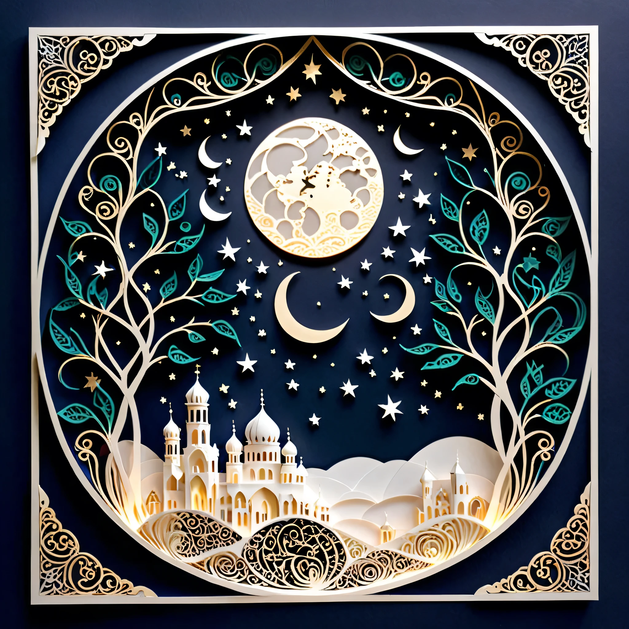 Create a detailed paper cutout artwork depicting an intricate scene of arabesque patterns against a moonlit night. The artwork should include elaborate, swirling designs that capture the essence of arabesque art, set against the backdrop of a serene night sky illuminated by a full moon. The moonlight should cast delicate shadows and highlights on the patterns, enhancing their depth and intricacy. The overall mood should be mystical and elegant, evoking a sense of timeless beauty.