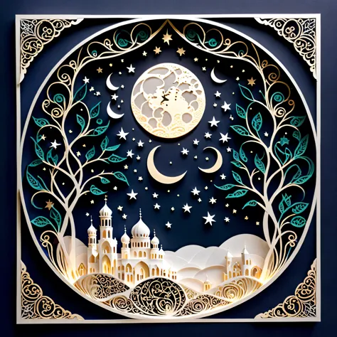 Create a detailed paper cutout artwork depicting an intricate scene of arabesque patterns against a moonlit night. The artwork s...