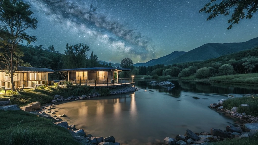 Une forêt la nuit où l&#39;on entend le murmure d&#39;une rivière、je peux voir la cabane