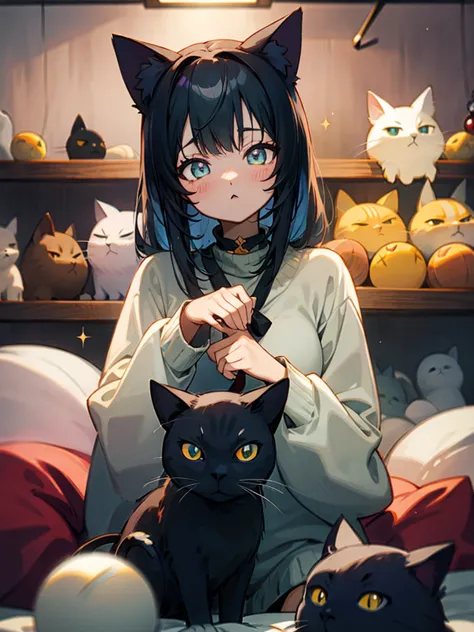 An anime cat girl bats a ball of yarn in a cozy cat cafe with sparkling eyes.