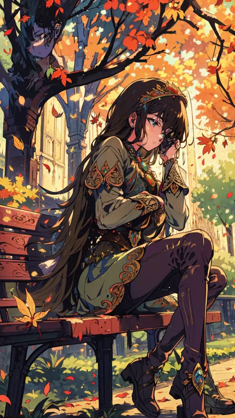 a solo teenage girl sitting on a park bench in an urban setting, surrounded by falling leaves, fairy tale creatures, glittering ...