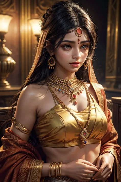O Sajni Re, beautiful detailed eyes, beautiful detailed lips, extremely detailed eyes and face, long eyelashes, 1 girl, sari, in...