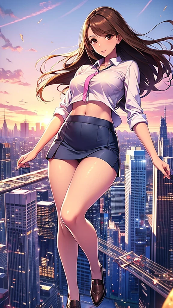 Una chica de piel clara, sexy, lindo, dirigentes, long brown hair, su ojo marron, lleva una blusa rosa con botones, muestra su ombligo, y una falda azul corta, zapato negro, y ella viaja, volador, cielo, Fondo de la ciudad.