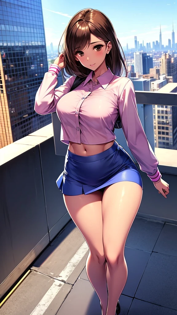 A girl with light skin, sexy, cute, leaders, long brown hair, her brown eye, wears a pink button-down blouse, shows her navel, and a short blue skirt, black shoe, and she travels, flying, sky, city background.