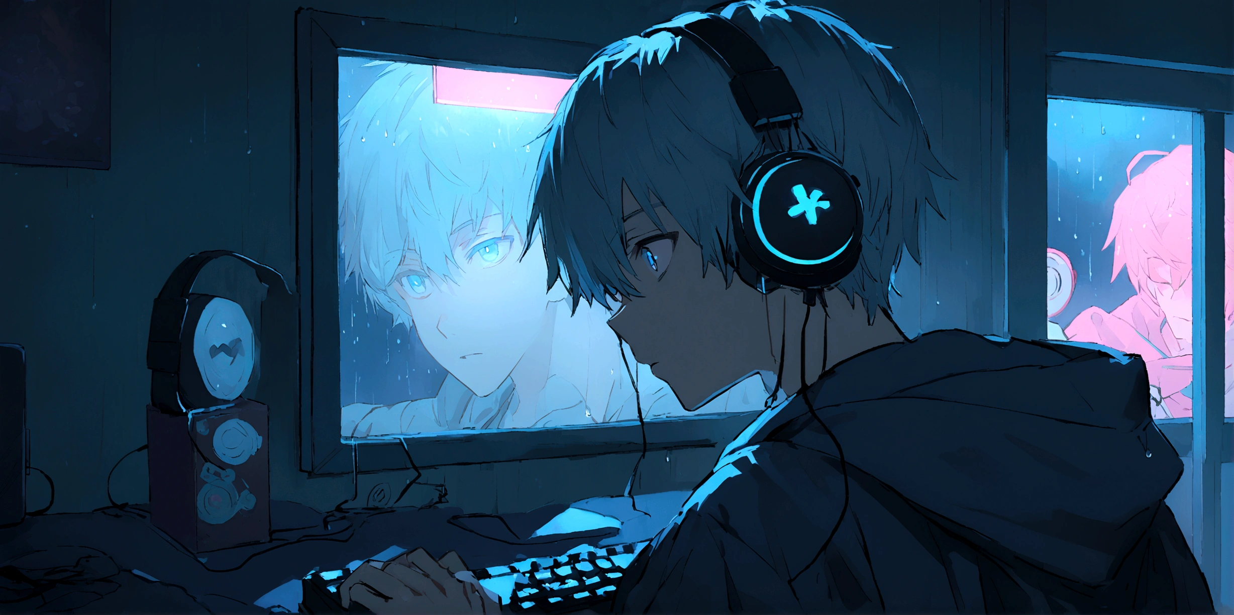 An 16 years old gamer anime boy, looking at computer, so many neon lights, night, rain outside, cozy room, closed window, boy and computer is close to window, boy wears gamer headphone, boy is at left, high quality face and eyes