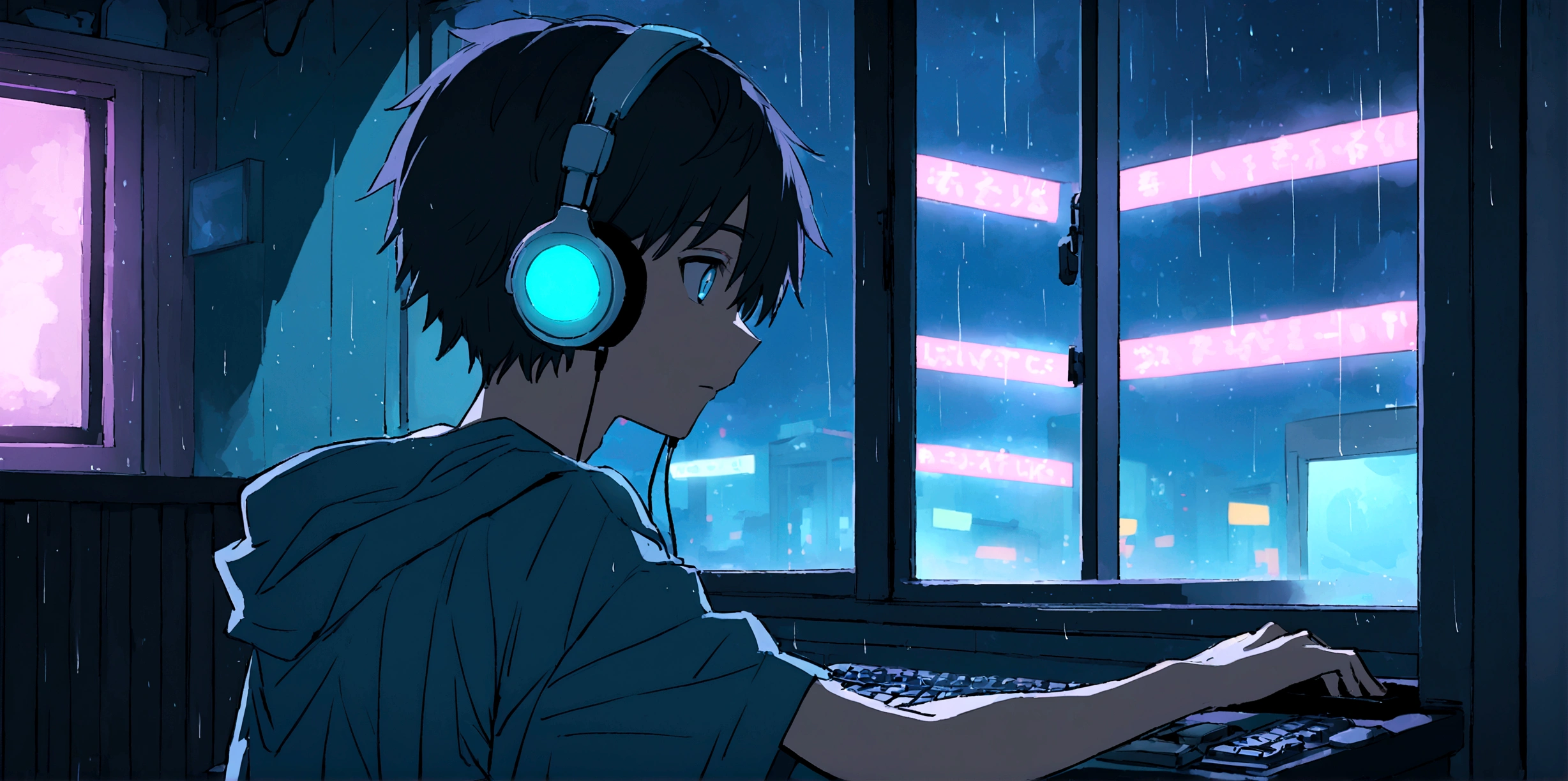 An 16 years old gamer anime boy, looking at computer, so many neon lights, night, rain outside, cozy room, closed window, boy and computer is close to window, boy wears gamer headphone, boy is at left, high quality face and eyes