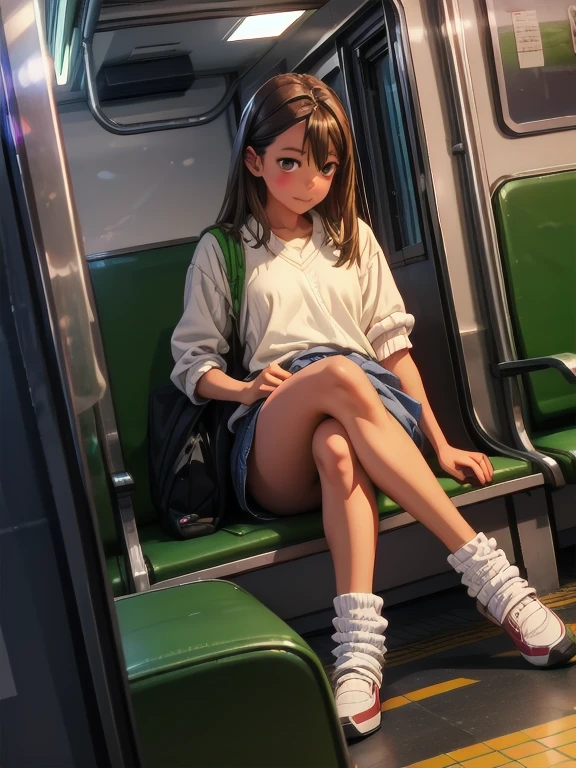 (1) Sitting alone on a long seat in a train,Sit with your legs apart,Showing white panties, Composition from the front,Low - Angle,
(2) I&#39;m a jk, She is wearing a uniform consisting of a miniskirt, sailor suit and loose socks.,
(3) I have medium length brown hair,
(4) The expression is provocative and smirking.,
(5) The location is a long seat on the Yamanote Line at night.,There are no other customers,The view outside the window is the night view of the city