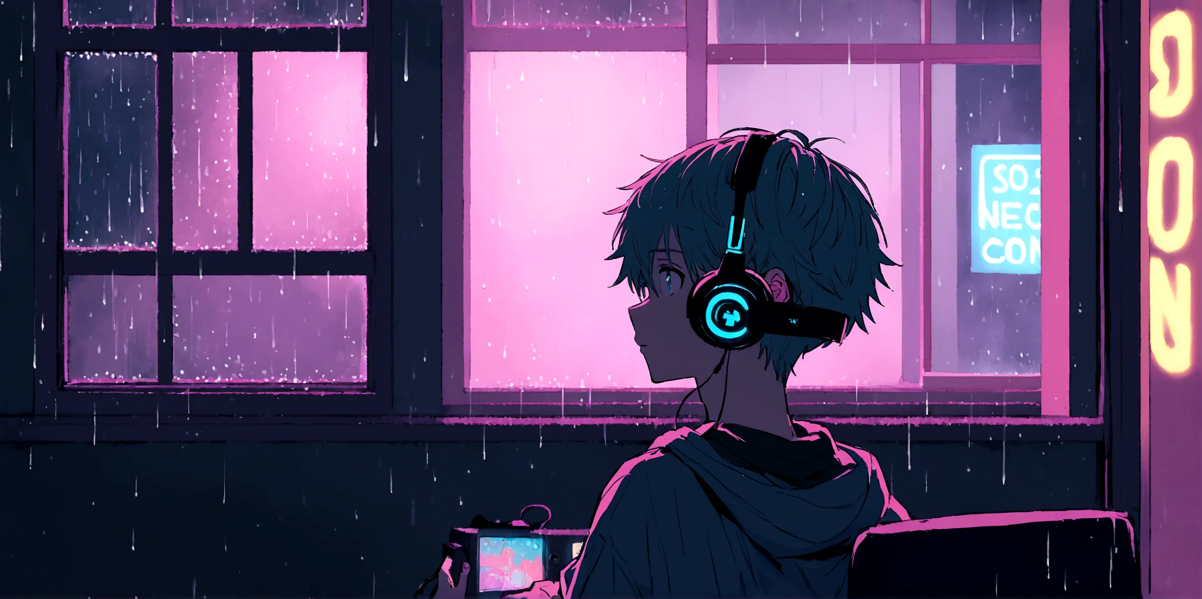 An 16 years old gamer anime boy, looking at computer, so many neon lights, night, rain outside, cozy room, closed window, boy an...