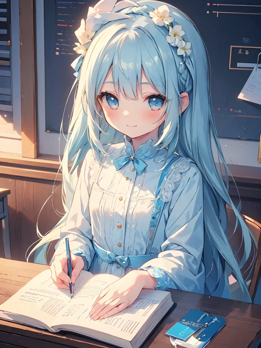 masterpiece, best quality, extremely detailed, (illustration, official art:1.1), 1 girl ,(((( light blue long hair)))), ,(((( light blue long hair)))),light blue hair, , long hair ((blush)) , cute face, big eyes, masterpiece, best quality,(((((a very delicate and beautiful girl))))),Amazing,beautiful detailed eyes,blunt bangs((((little delicate girl)))),tareme(true beautiful:1.2), sense of depth,dynamic angle,,,, affectionate smile, (true beautiful:1.2),,(tiny 1girl model:1.2),)(flat chest), 1girl, (masterpiece, best quality, ultra detailed, 4K:1.5), ultra-detailed background, 1 girl, 1 man, from above, focus upper body, (((headpat))), BREAK
kleedef, kleernd, cute face, smile, pointed ears, very happy, sitting, studying at a desk, BREAK
in the library, {Illustration}, {{Very delicate and beautiful}}, Classroom (school desk), On desk (textbook, notebook, mechanical pencil, Pencil case) 1 girl (small build, short limbs, , in front of desk), round face, 