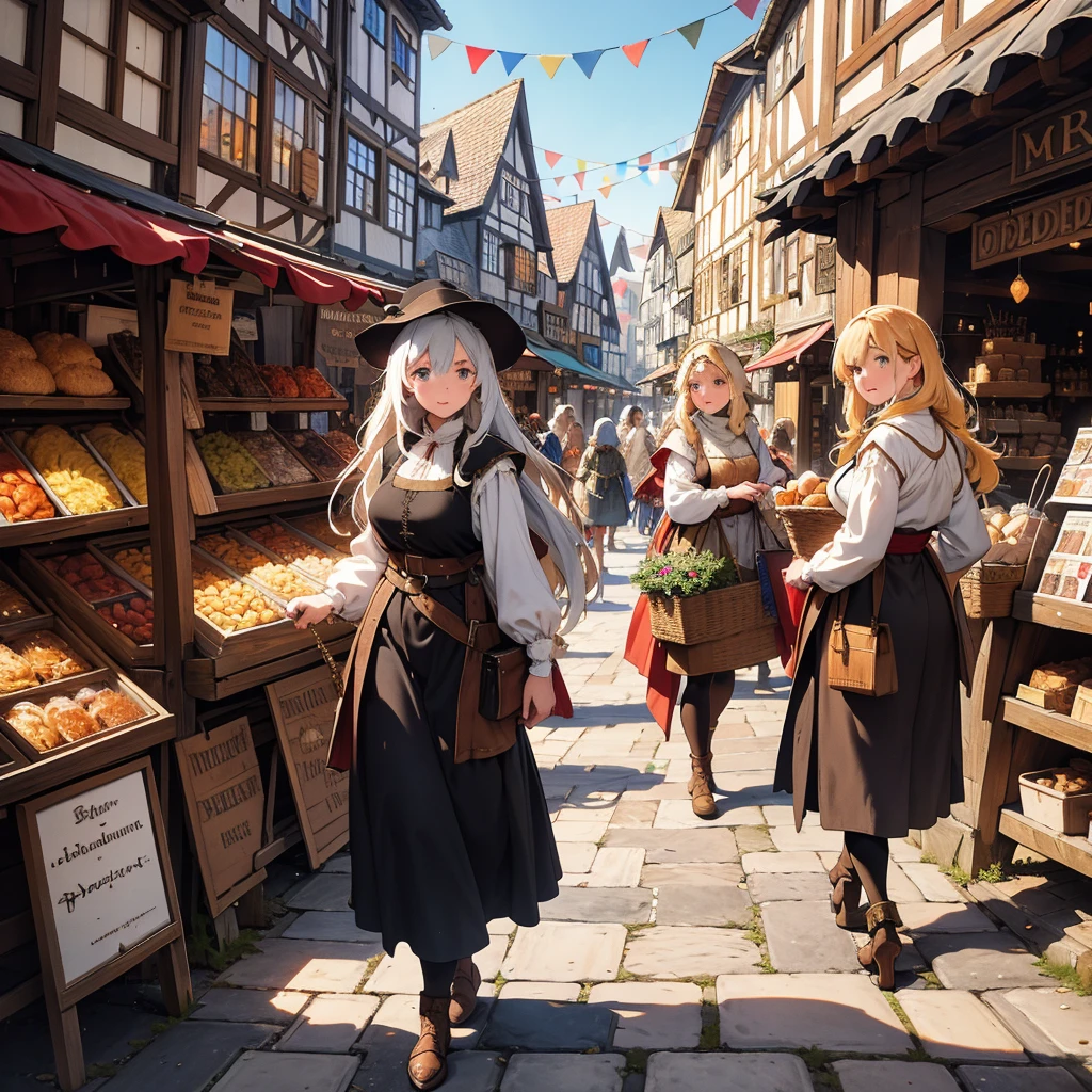 Illustrate a bustling medieval city filled with townsfolk engaged in their daily activities. The scene should be rich with period details: cobblestone streets, half-timbered houses, market stalls overflowing with goods, and townspeople in authentic medieval attire. Capture the vibrant, lively atmosphere and the intricate architecture that defines the era