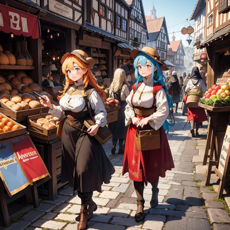 Illustrate a bustling medieval city filled with townsfolk engaged in their daily activities. The scene should be rich with perio...