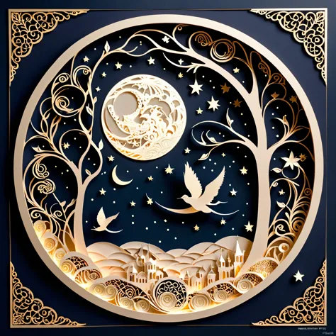 Create a detailed paper cutout artwork depicting an intricate scene of arabesque patterns against a moonlit night. The artwork s...