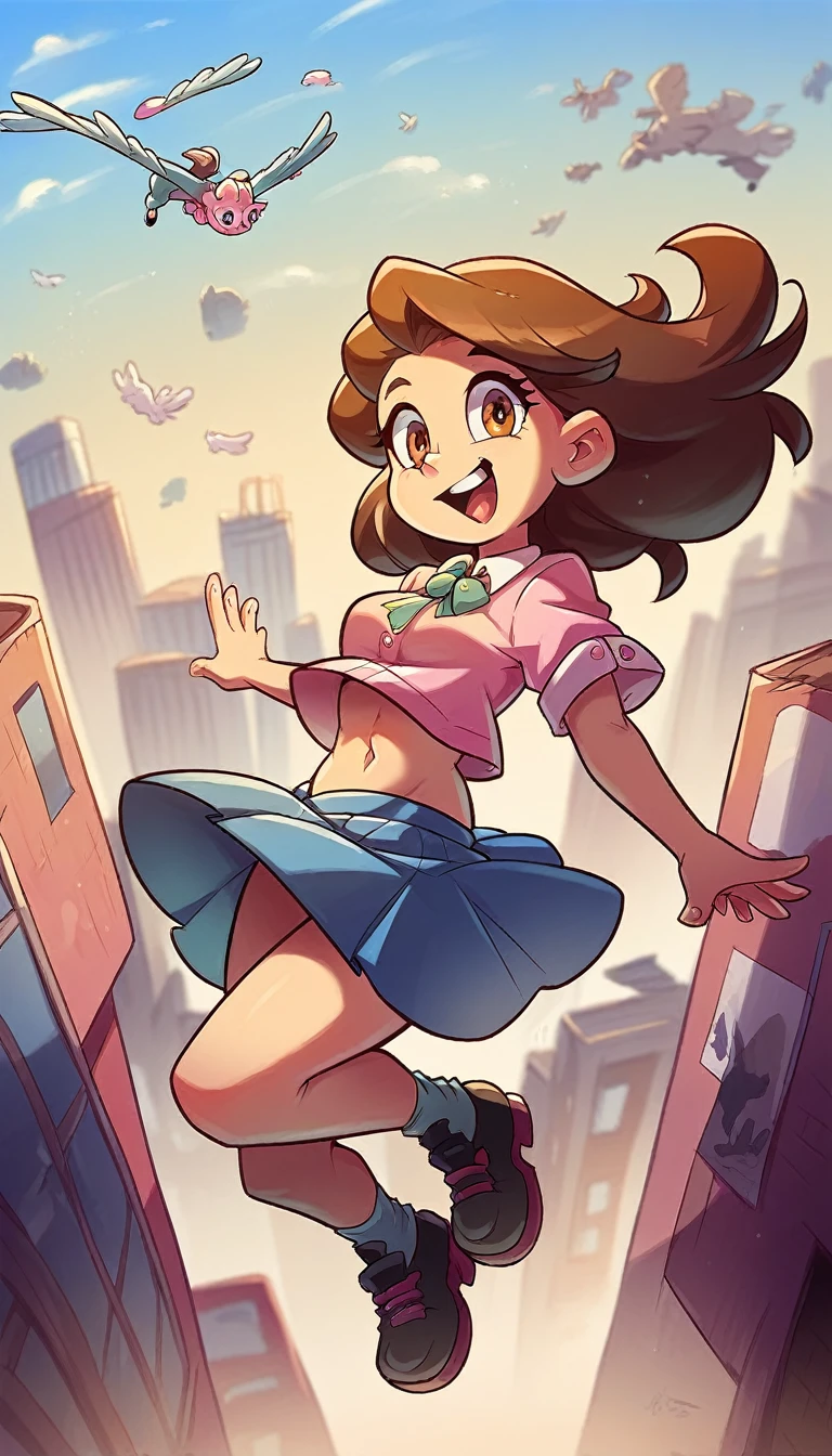 A girl with light skin, sexy, cute, leaders, long brown hair, her brown eye, wears a pink button-down blouse, shows her navel, and a short blue skirt, black shoe, and she travels, flying, sky, city background.