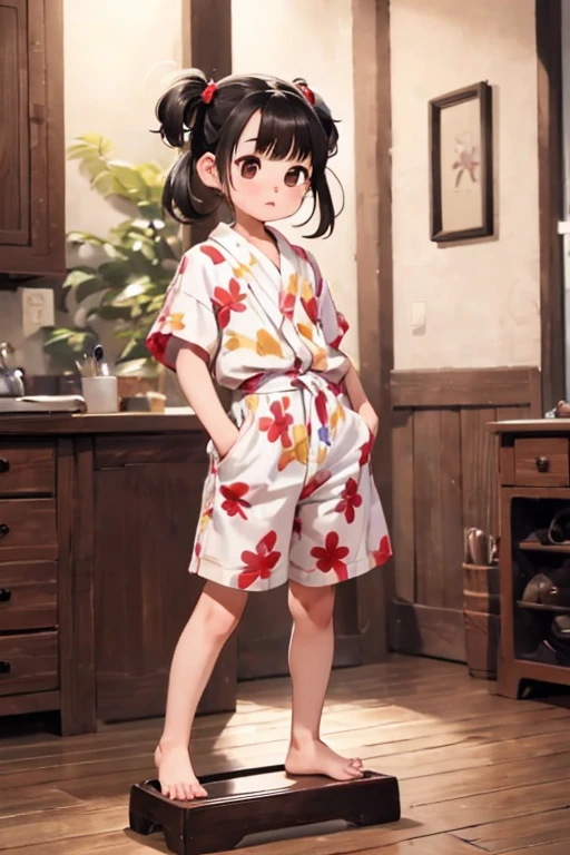 masterpiece，8K，high quality，最high quality，in house， the room，Room Background，Short black hair in twin tails，Blunt bangs，iris，Baby Face，Very short stature，yukata，Embarrassing，barefoot，Very small ass，Very thin thighs，Small picture frame，Flat Chest，Tsundere，Accurate and detailed beautiful female fingers，