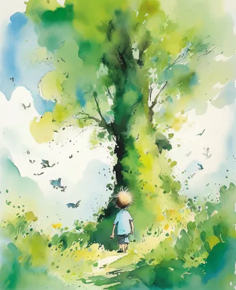 Quentin Blake style photo 、The morning when the sky was so blue that the white clouds disappeared、Portraiture、High resolution、Th...