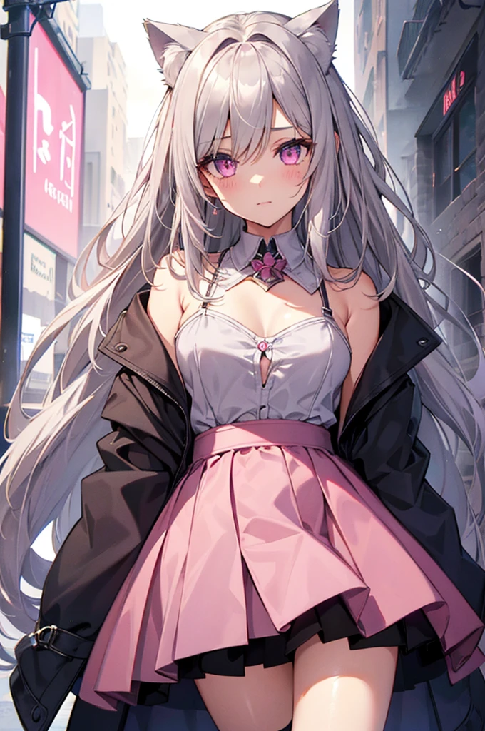 Highly detailed face,fine grain,Sparkling eyes,Highlighted eyes,Medium chest,pretty girl, Longing eyes,Cat ear, Beautiful silver hair,Pink inside,Beautiful pink eyes,Oversized shirt,skirt