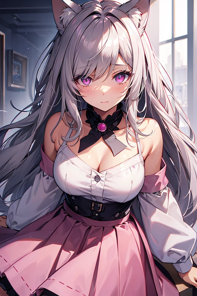 Highly detailed face,fine grain,Sparkling eyes,Highlighted eyes,Medium chest,pretty girl, Longing eyes,Cat ear, Beautiful silver hair,Pink inside,Beautiful pink eyes,Oversized shirt,skirt