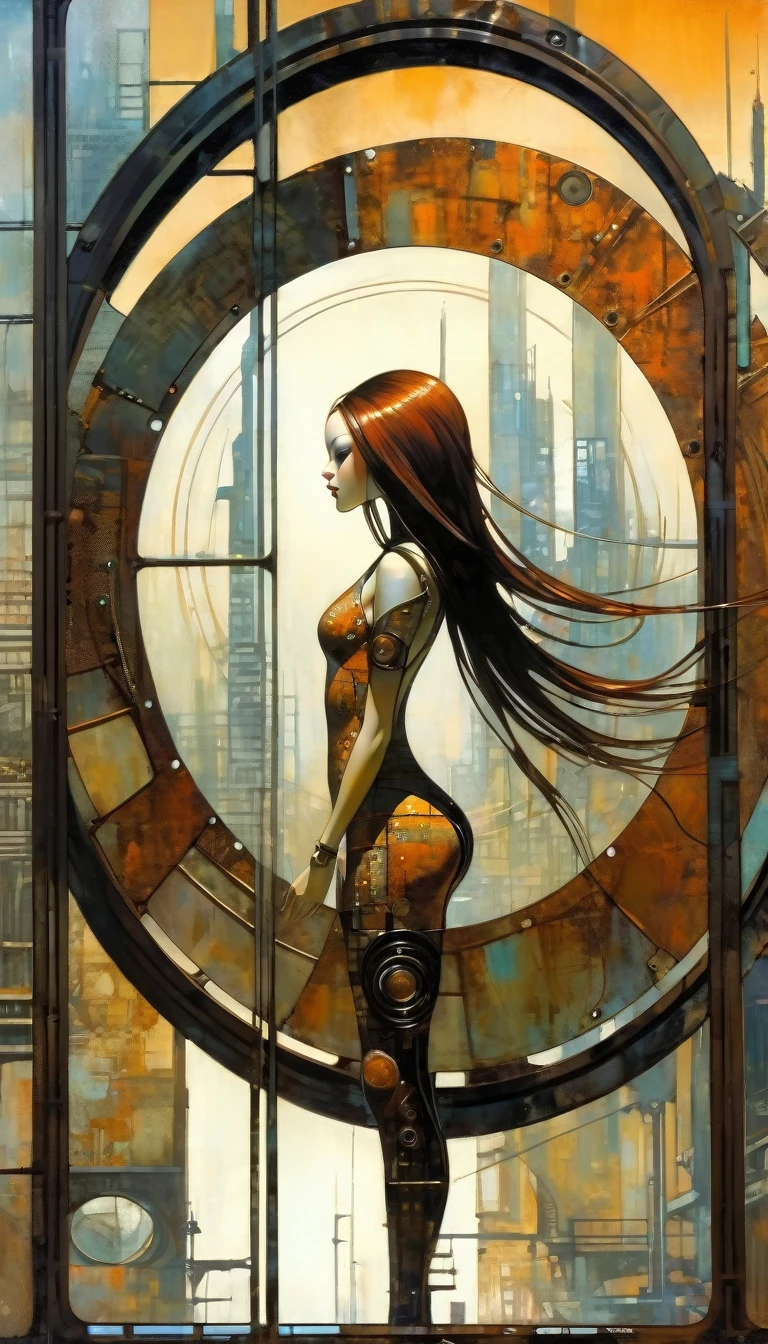 Ganzkörper sexy Mädchen lange Haare, futuristisches sexy Mädchen, futuristisches rostiges Metallfenster, kreisförmig, kreisförmig window shape, Ansichten einer futuristischen Stadt aus rostigem Metall, Von Dave Mckean inspiriertes Kunstwerk, komplizierte Details, Ölgemälde
