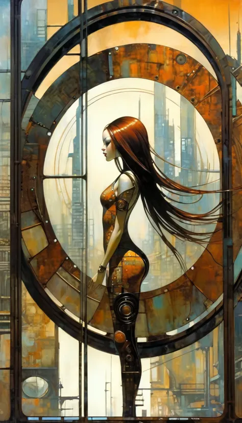 full body sexy girl long hair, futuristic sexy girl, futuristic rusty metal window, circular, circular window shape, views of ru...