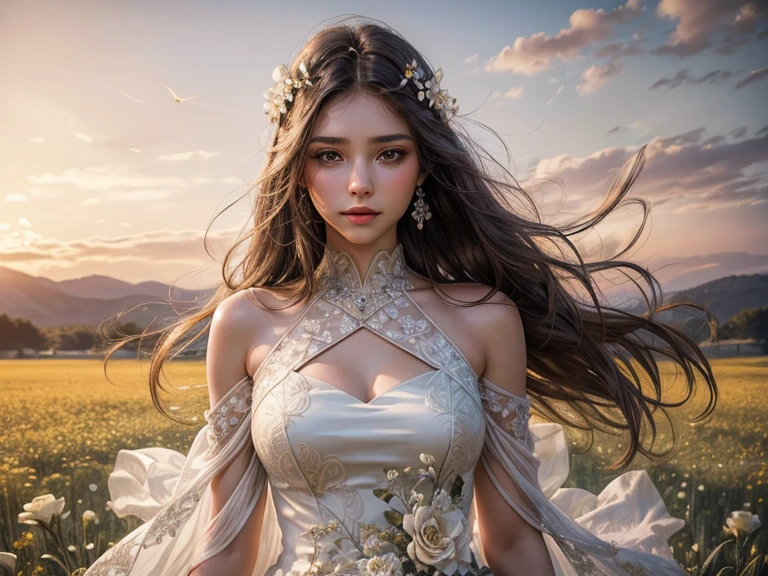 a beautiful young woman, 1girl, detailed face, expressive eyes, detailed lips, serene expression, elegant pose, long flowing hair, white dress, standing in a field of flowers, negative space, intricate floral patterns, atmospheric lighting, warm color palette, cinematic composition, photorealistic, 8k, high quality, masterpiece