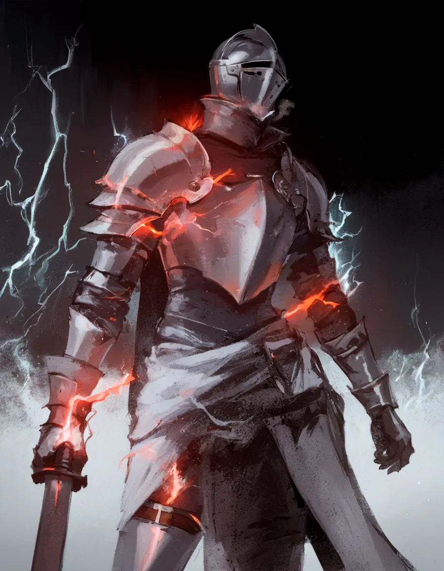 knight holding a sprear in right hand and with red lightning