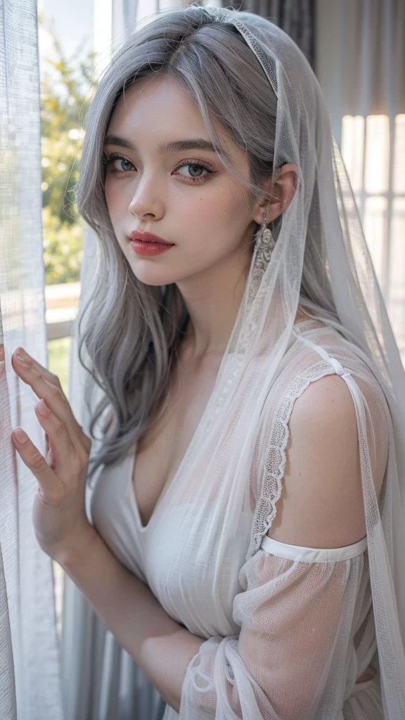 veil, gray curtains, white hair, gray white, Guvez&#39;s artistic style, A arrogant and indifferent girl, Squinting in half, white eyeball, timid, national style, Grey-White