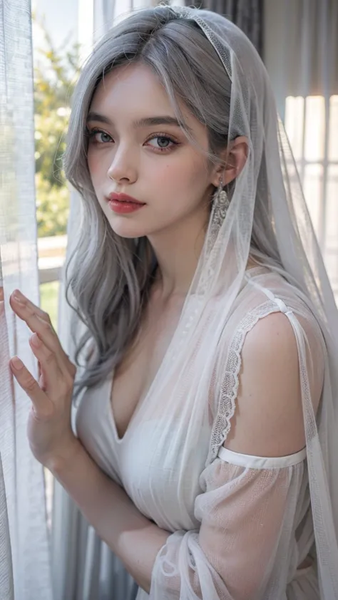 veil, gray curtains, white hair, gray white, Guvez&#39;s artistic style, A arrogant and indifferent girl, Squinting in half, whi...