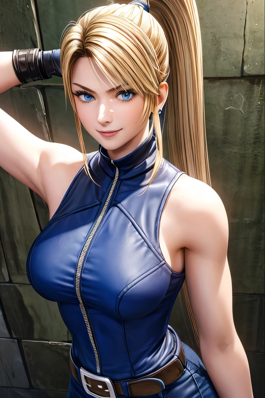 Sarah, blue eyes, angle view(0.6),, (full bodysuit:1.1), (mesmerizing:1.5), ((high ponytail:1.3)), (medium chest:1.4), (big arms:1.25), (free flowing hair:1.1), cowboy shot, blonde hair, long hair, (long sideburns:0.7), Shoulders exposed, (arms exposed:1.0), (very detailed skin:1.5), belt ,sleeveless, (closed zipper), earrings, fingerless short gloves, BREAK masterpiece, 1 girl, RAW photo, (best quality:1.2), extremely delicate beautiful, very detailed, 2k wallpaper, amazing, fine details, extremely detailed CG Unity 8k wallpaper, super detailed, high resolution, (beautiful detailed girl:1.4), perfect anatomy, wide cheeks, (shiny clothes:1.1), (smile:1.2), (upper body:1.3), (Realistic, Photorealistic:1.0), (thin nose:1.2), (breast focus:1.3), 20 year old, high nose bridge, (blue clothes:1.2), fighting pose, fighting arena, armpit against wall, wide face, (wide smile:1.3), closed mouth
