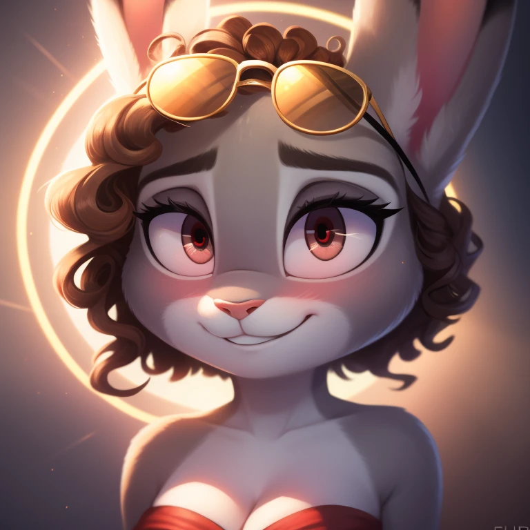 Judy Hopps, strapless tight dress, cleavage, two-tone hair (brown hair, black tip)), curly hair, halo, sunglasses, jewelry, red eyes, longeyelashes, red eyes, smile, shy, blush, high detail, masterpiece, UHD, anatomically correct, super detail, highres, 4K