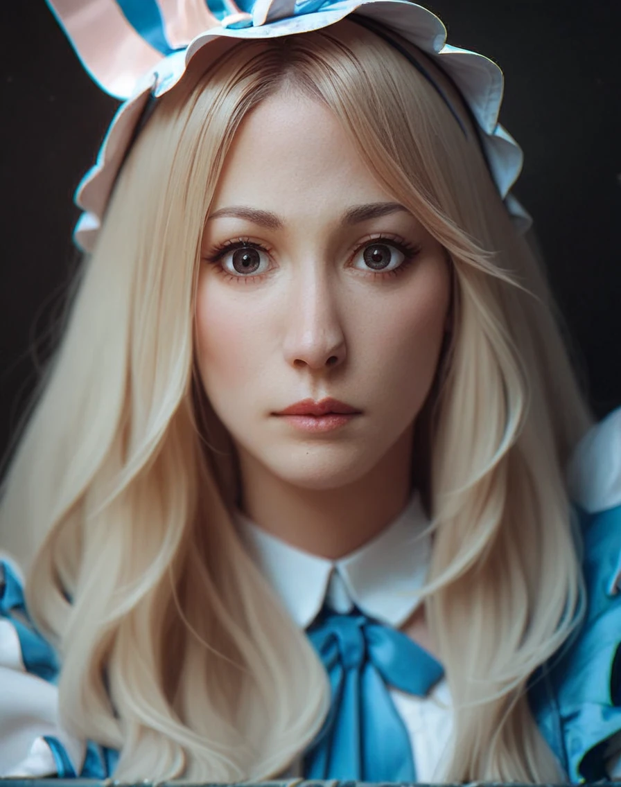 score_9, score_8_up, score_7_up, score_6_up, score_5_up, score_4_up, source_anime, KaleyCuoco,High Quality, Intricately Detailed, Hyper-Realistic cosplay Alice in wonderland, Portrait Photography