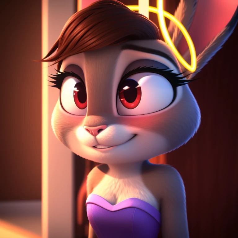Judy Hopps, strapless tight dress, cleavage, two-tone hair (brown hair, black tip)), curly hair, halo, sunglasses, jewelry, red eyes, longeyelashes, red eyes, smile, shy, blush, high detail, masterpiece, UHD, anatomically correct, super detail, highres, 4K