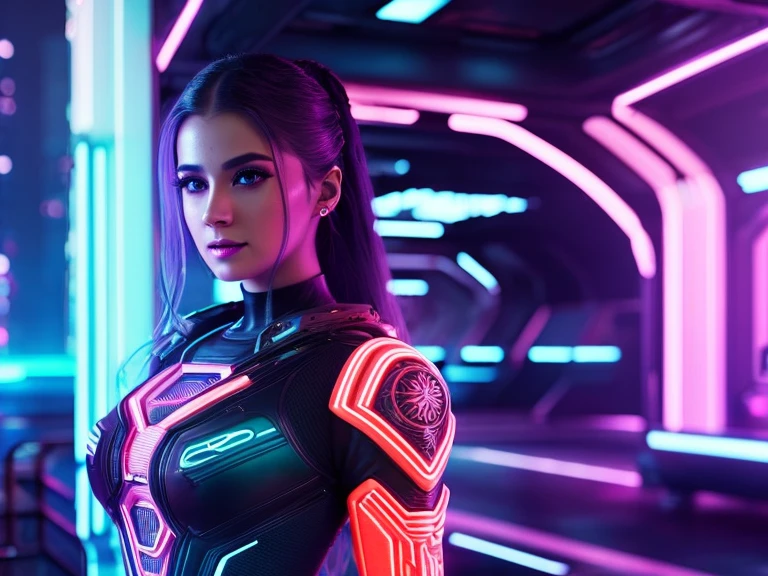 A beautiful detailed girl standing in a futuristic cyberpunk city, neon lights, glowing glass architecture, holograms, advanced technology, detailed face, piercing eyes, detailed lips, long eyelashes, stunning intricate outfit, dynamic pose, cinematic lighting, hyper-detailed, award-winning digital art, vibrant colors, 8k, photorealistic