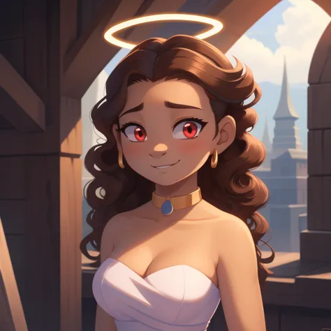 katara, strapless tight dress, cleavage, two-tone hair (brown hair, black tip)), curly hair, halo, sunglasses, jewelry, red eyes...