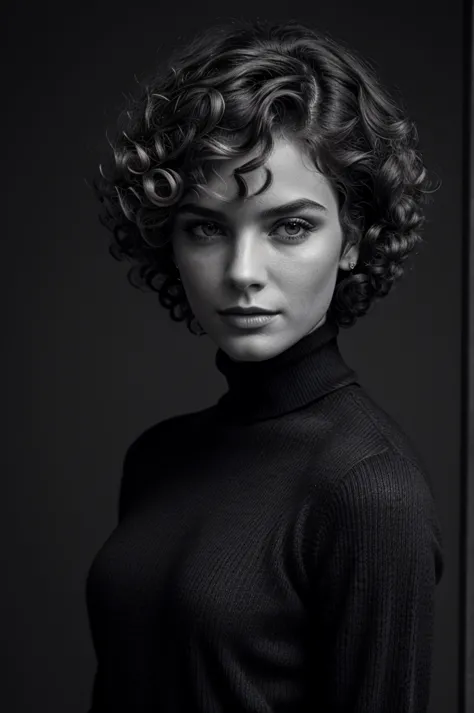 Photo-BW, Human-Likeness, photomodel, bob hair, curly hair, black turtleneck sweater, grey background Portrait-Medium Shot