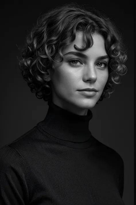 Photo-BW, Human-Likeness, photomodel, bob hair, curly hair, black turtleneck sweater, grey background Portrait-Medium Shot