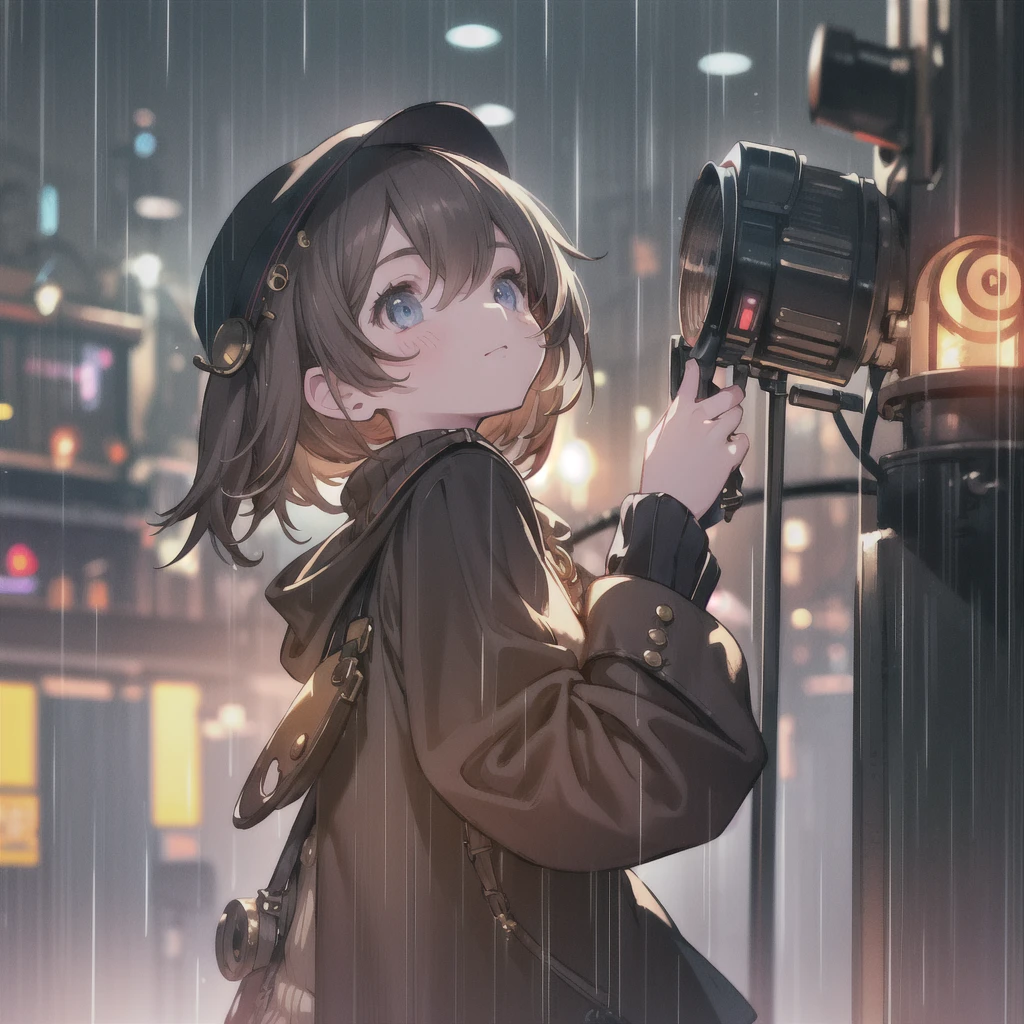 night, Colorful steampunk city background, rain, street, Teenage girl in a comfortable sweater, change, Backlight, Looking at the audience, Low angle lens, Lens looking up, Perfect composition, Perfect light and shadow detail, 8K