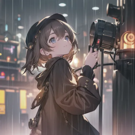 night, Colorful steampunk city background, rain, street, Teenage girl in a comfortable sweater, change, Backlight, Looking at th...