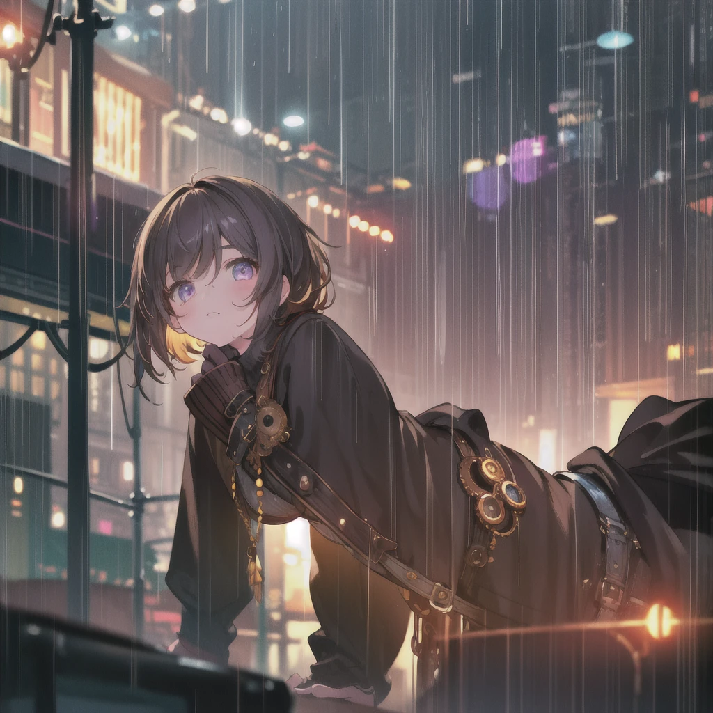 night, Colorful steampunk city background, rain, street, Teenage girl in a comfortable sweater, change, Backlight, Looking at the audience, Low angle lens, Lens looking up, Perfect composition, Perfect light and shadow detail, 8K