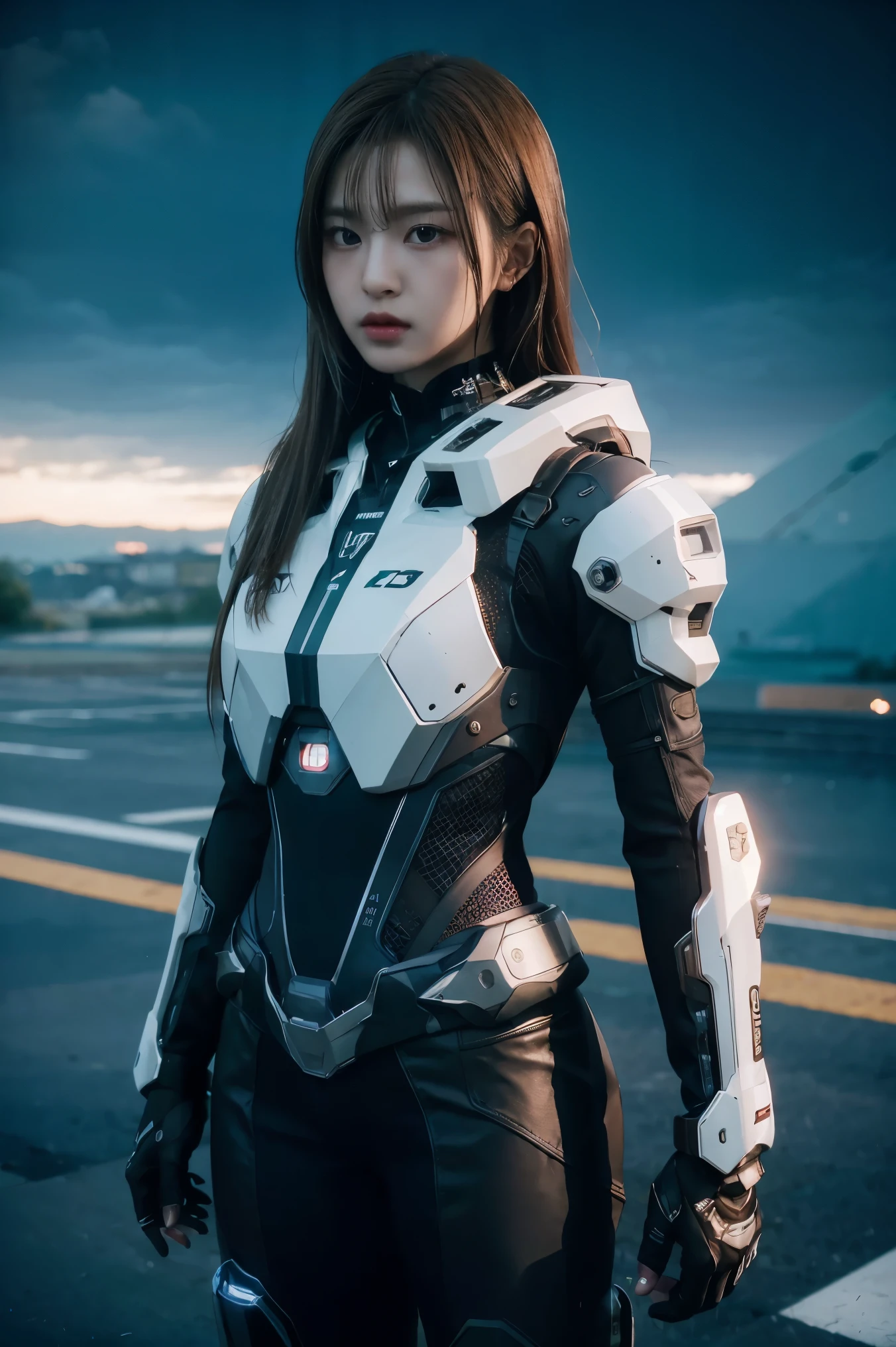 ((masterpiece, best quality, extremely detailed), volumetric lighting, ambient occlusion, colorful, glowing), 1girl, solo, young girl, (dark hair), long hair, halo, aura, sacred, godness, cyber suit, (black outfit:1.3), android, bot, cybernetic wings, outdoors, sunset, sky, clouds, space, (cyberpunk theme:1.2),