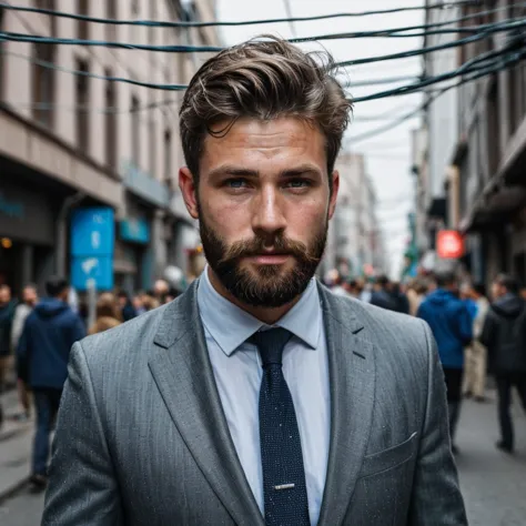 raw photo, full body portrait of a beautiful man with a beard in a grey suite, he stands in a crowded street with tangled power ...