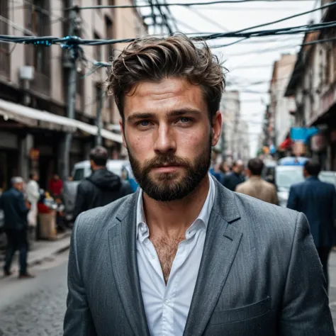 RAW photo, full body portrait of a beautiful man with a beard in a grey suite, he stands in a crowded street with tangled power ...