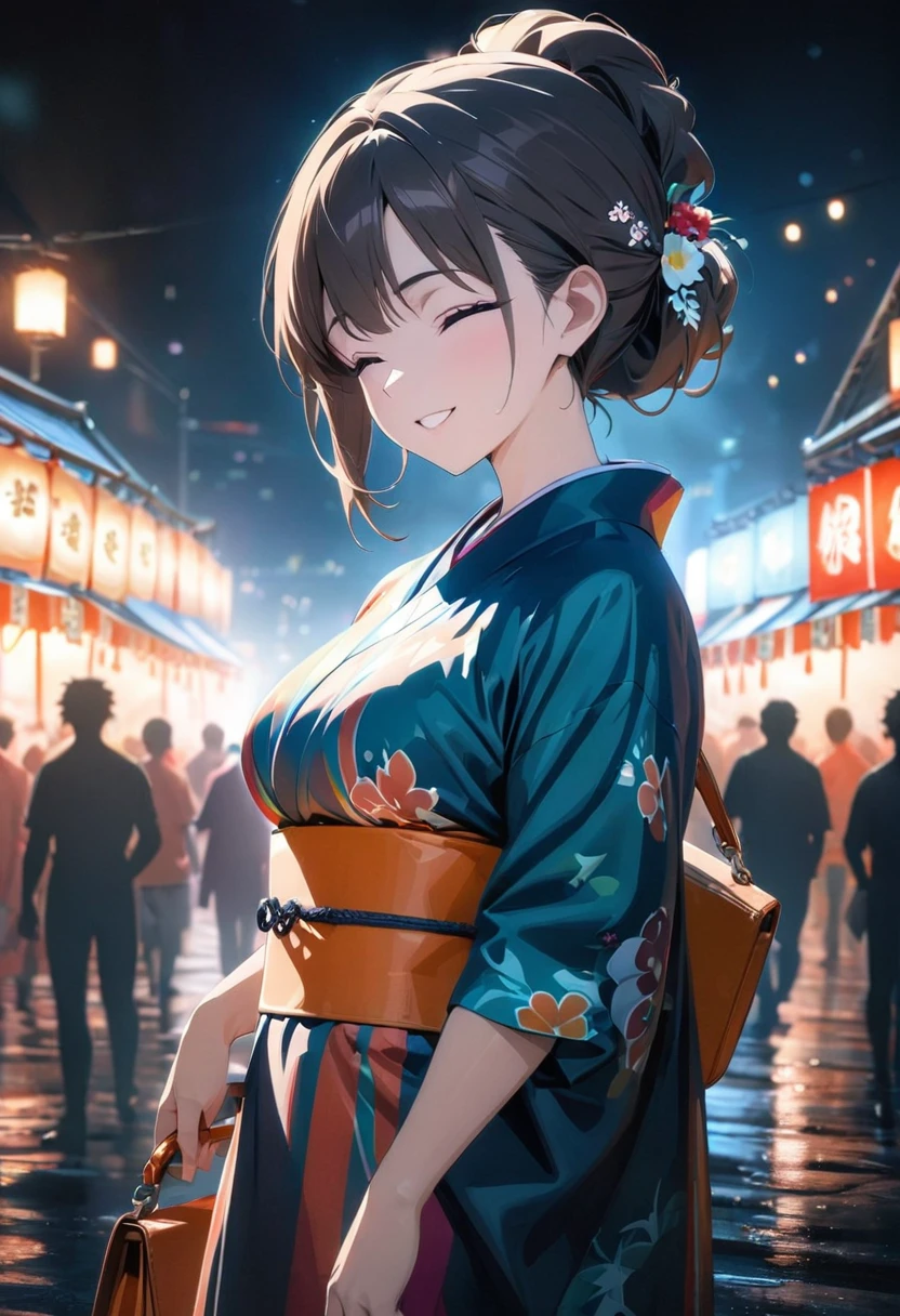 (best quality,8k,highres, masterpiece:1.2), (anime style),ultra-detailed, HDR, UHD, studio lighting, ultra-fine painting, sharp focus, physically-based rendering, extreme detail description, professional, vivid colors, bokeh, portraits, concept artists, warm color palette, dramatic lighting,Summer festival night,1 beautiful woman,(striped kimono),updo, big smile, closed eyes, (The cityscape lined with the fairs of summer festivals),(beautiful hair, glowing skin,),full body,(Silhouette of a passing crowd),(anime style),Holding a Hermès Kelly Bag