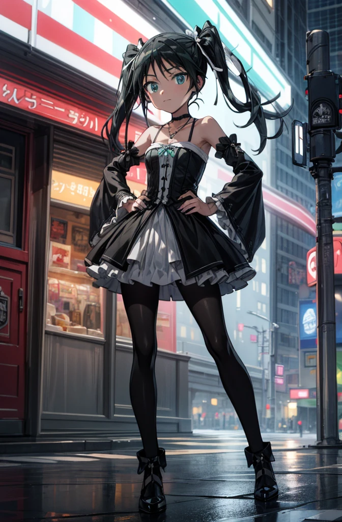 (masterpiece, best quality, detailed), 1girl, solo, looking at viewer, francesca lucchini, gothic, goth fashion, black dress, frills, detached sleeves, bare shoulders, hair ribbon, jewelry, cross necklace, outdoors, city, cyberpunk, contrapposto, legs apart, head tilt, black nails, pantyhose, night, city lights, neon lights, street, car, people, hand on own hip, arm at side, closed mouth